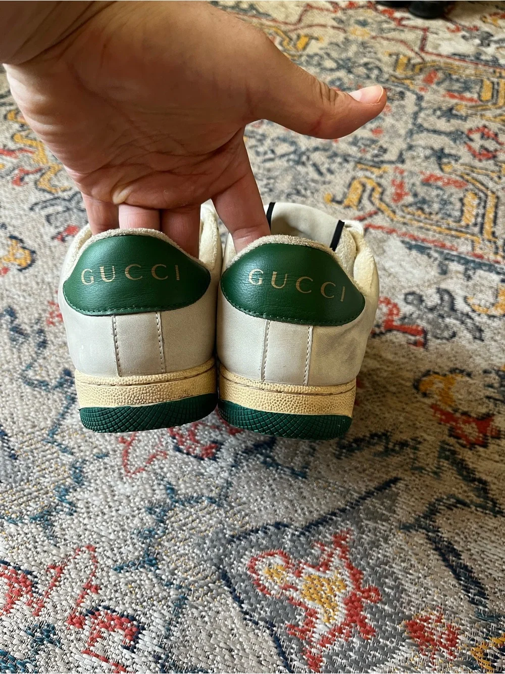 Gucci Cream and Green Leather Logo Sneakers Size 41 Sneakers GG Monogram